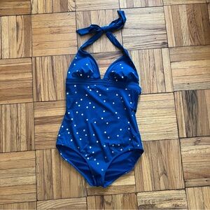 Boden Halter Formentera One-Piece Swimsuit Teal w Gold Polka Dots Size 10 Long